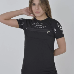 Kadın Baskılı T-Shirt Kısa Kol Bisiklet Yaka Göğüs Fermuarlı Tişört - Siyah