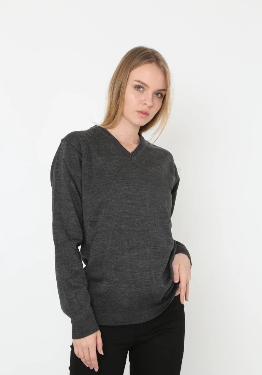 unisex-ince-cizgili-bisiklet-yaka-triko-kazak-antrasit-2163129-sw852sh1218 Kadın V Yaka Kazak Uzun Kol Düz Dokuma Triko - Antrasit