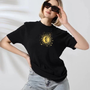 Kadın Bisiklet Yaka Baskılı  Kısa kol T-Shirt - Siyah