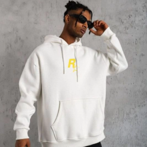 Erkek 3 İplik Pamuklu Kapüşonlu Baskılı Cepli Oversize Sweatshirt Hoodie - Beyaz