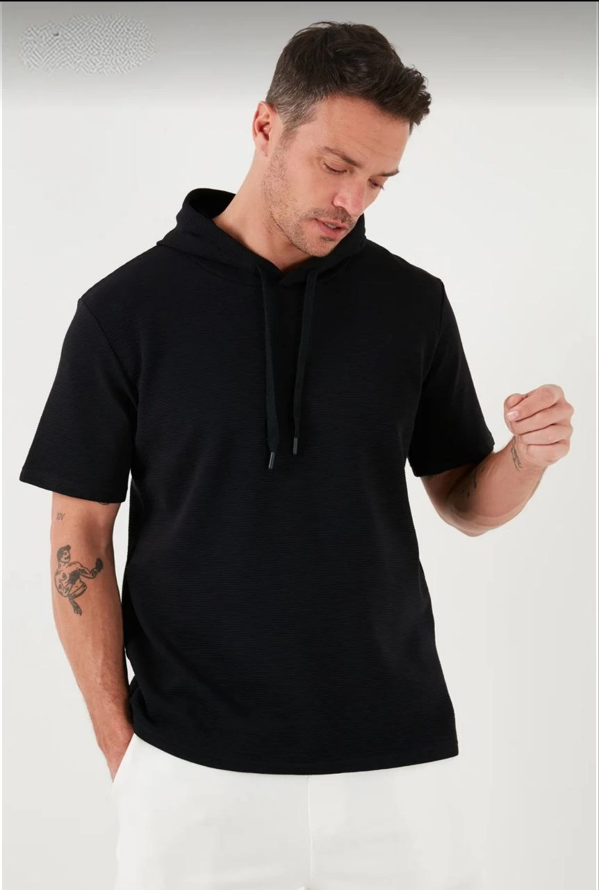 unisex-kapsonlu-kisa-kol-duz-oversize-t-shirt-siyah-98066080-sw862sh1280 Erkek Kapüşonlu Tişört Kısa Kol Düz Oversize T-shirt - Siyah - Görsel 2