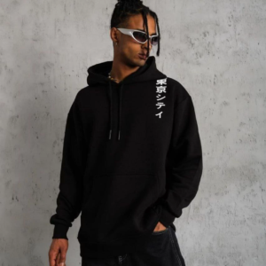 Erkek 3 İplik Pamuklu Kapüşonlu Baskılı Cepli Oversize Sweatshirt Hoodie - Siyah
