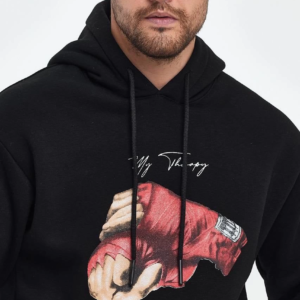 Erkek 3 İplik Pamuklu Kapüşonlu Cepli Boxy Eldiven Baskılı Hoodie Sweatshirt - Siyah