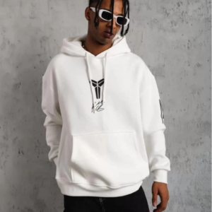 BErkek 3 İplik Pamuklu Kapüşonlu Baskılı Cepli Oversize Sweatshirt Hoodie - eyaz