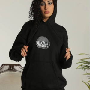 Kadın Oversize Kapüşonlu Cepli Baskılı 3 İplik Pamuklu Hoodie Sweatshirt - Siyah