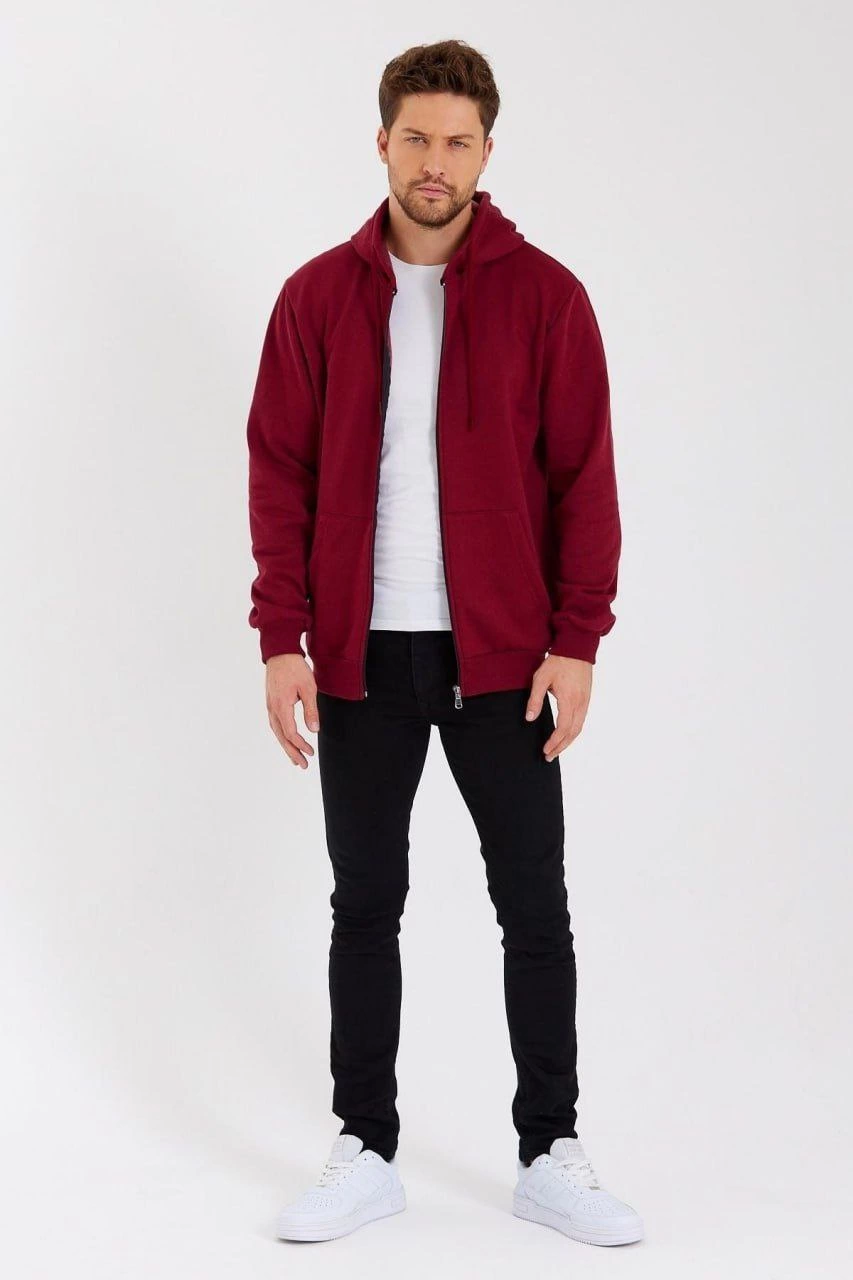 unisex-tam-fermuarli-kapsonlu-sweatshirt-bordo-80541752-sw853sh1280 Erkek 3 İplik Pamuklu Tam Fermuarlı Kapüşonlu Kanguru Cepli Düz Hoodie Sweatshirt - Bordo - Görsel 2