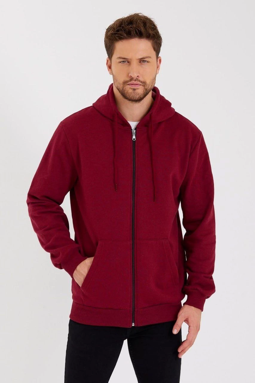 unisex-tam-fermuarli-kapsonlu-sweatshirt-bordo-90490974-sw853sh1280 Erkek 3 İplik Pamuklu Tam Fermuarlı Kapüşonlu Kanguru Cepli Düz Hoodie Sweatshirt - Bordo