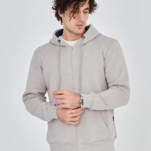 Erkek 3 İplik Pamuklu Kapüşonlu Tam Fermuarlı Cepli Hoodie Sweatshirt - Boyalı Gri