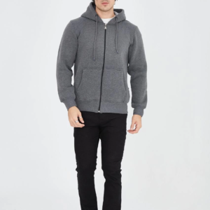 Erkek 3 İplik Pamuklu Kapüşonlu Tam Fermuarlı Cepli Hoodie Sweatshirt - Füme