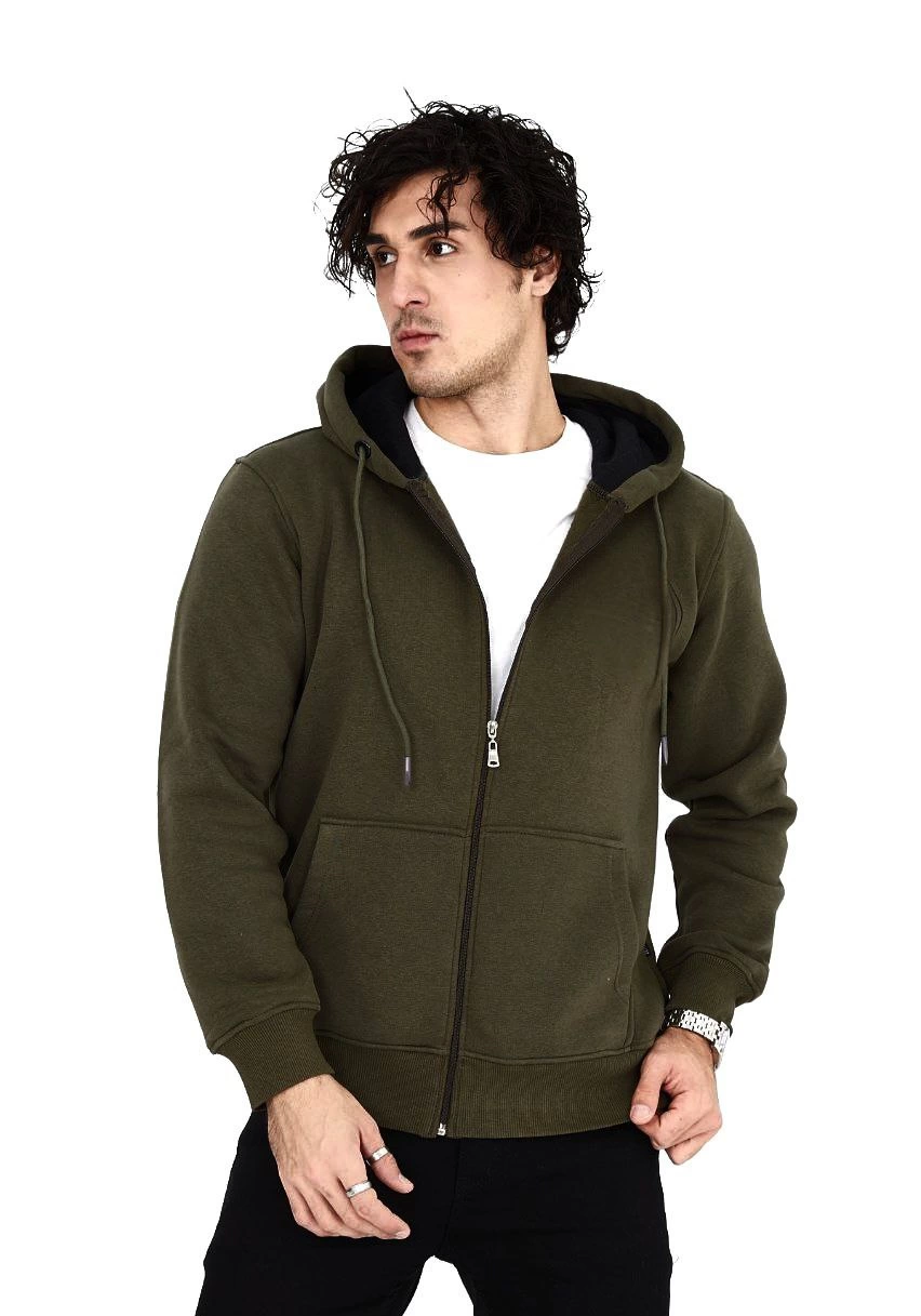 unisex-tam-fermuarli-kapsonlu-sweatshirt-haki-45464960-sw852sh1217 Erkek 3 İplik Pamuklu Kapüşonlu Tam Fermuarlı Cepli Hoodie Sweatshirt - Haki - Görsel 2
