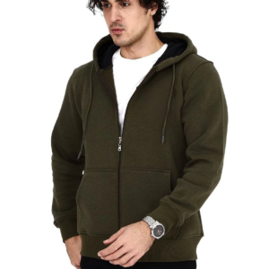 Erkek 3 İplik Pamuklu Kapüşonlu Tam Fermuarlı Cepli Hoodie Sweatshirt - Haki
