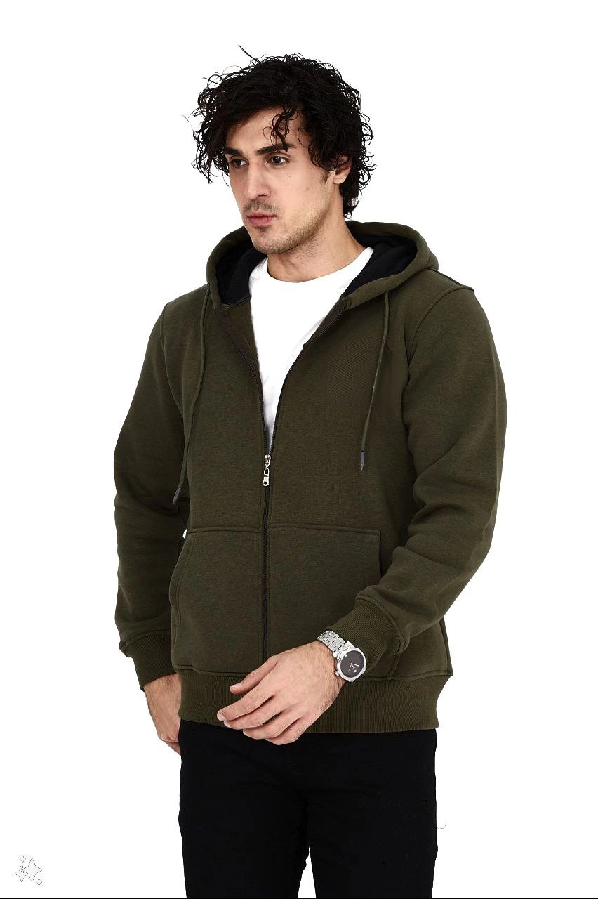 unisex-tam-fermuarli-kapsonlu-sweatshirt-haki-92201369-sw852sh1280 Erkek 3 İplik Pamuklu Kapüşonlu Tam Fermuarlı Cepli Hoodie Sweatshirt - Haki