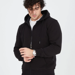 Erkek 3 İplik Pamuklu Kapüşonlu Tam Fermuarlı Cepli Hoodie Sweatshirt - Siyah