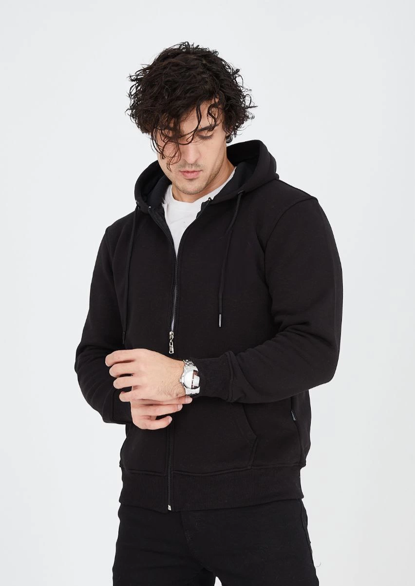 unisex-tam-fermuarli-kapsonlu-sweatshirt-siyah-28706447-sw852sh1202 Erkek 3 İplik Pamuklu Kapüşonlu Tam Fermuarlı Cepli Hoodie Sweatshirt - Siyah