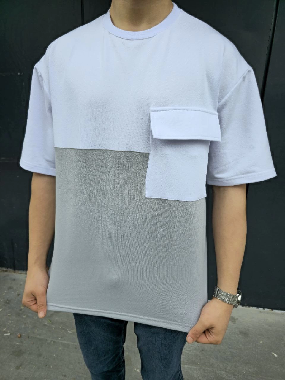 unisex-torba-cep-detayli-parcali-t-shirt-gri-51341916-sw960sh1280 Erkek Kısa Kol Yazlık Tişört Torba Cepli Parçalı T-Shirt - Gri
