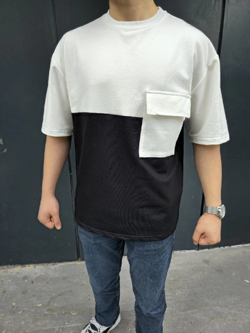 unisex-torba-cep-detayli-parcali-t-shirt-siyah-80169012-sw960sh1280 Erkek Kısa Kol Yazlık Tişört Torba Cepli Parçalı T-Shirt - Siyah - Görsel 2