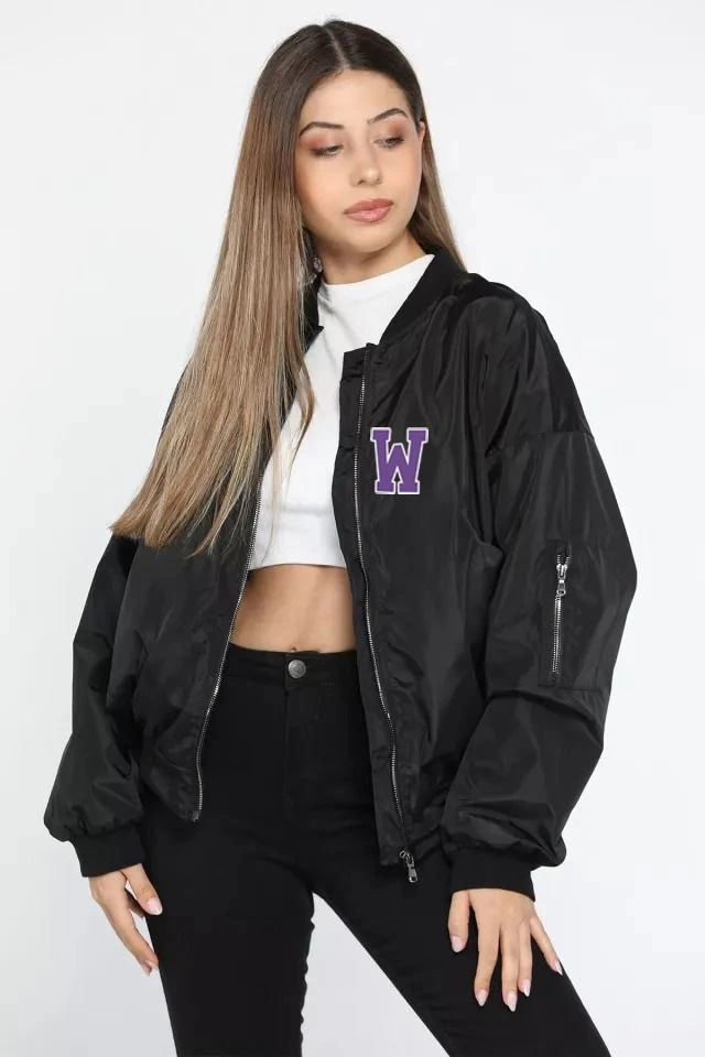 unisex-uzun-kol-baskili-bomber-ceket-siyah-21282045-sw640sh960 Kadın Wild One Baskılı Bomber Mont Siyah Oversize Kalıp Fermuarlı Cepli Kapitone - Siyah - Görsel 2