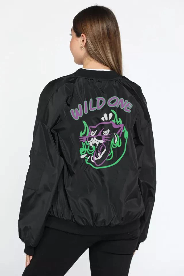 unisex-uzun-kol-baskili-bomber-ceket-siyah-37450837-sw640sh960 Kadın Wild One Baskılı Bomber Mont Siyah Oversize Kalıp Fermuarlı Cepli Kapitone - Siyah
