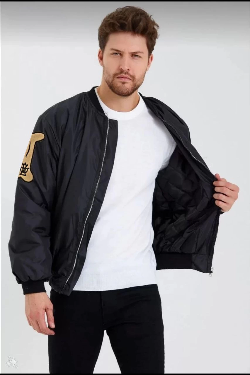 unisex-uzun-kol-baskili-bomber-ceket-siyah-61974523-sw853sh1280 Erkek Siyah Bomber Kolej Mont B Harfi Kemik Baskılı Su İtici Kapitone Astarlı - Siyah - Görsel 2