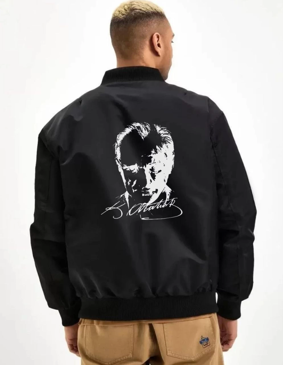 unisex-uzun-kol-baskili-bomber-ceket-siyah-76062932-sw994sh1280 Erkek Bomber Mont Siyah Atatürk Silüet Baskılı Fermuarlı Cepli Kapitone Astarlı - Siyah - Görsel 2