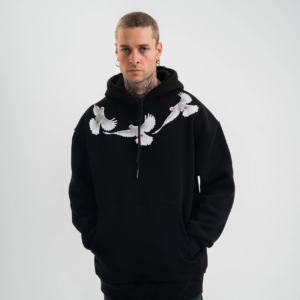 Erkek 3 İplik Pamuklu Kapüşonlu Baskılı Cepli Oversize Sweatshirt Hoodie - Siyah