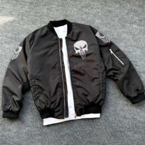 ERKEK Siyah Askeri Tarz Bomber Mont Punisher Skull Detaylı Fermuarlı Cepli - Siyah