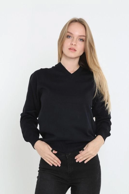 unisex-uzun-kol-v-yaka-triko-kazak-siyah-36517379-sw533sh800 Kadın V Yaka Kazak Uzun Kol Düz Dokuma Triko - Siyah