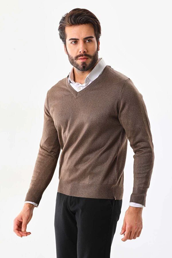 unisex-uzun-kol-v-yaka-triko-kazak-vizon-10287776-sw600sh900 Erkek V Yaka Kazak Uzun Kol Düz Dokuma Triko - Vizon