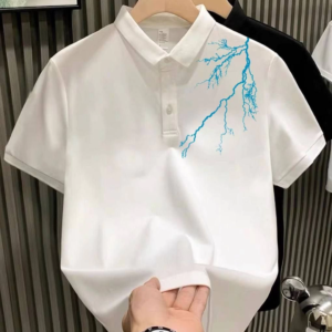 ERKEK Polo Yaka Tişört Düğmeli Pike Yıldırım Baskılı T-Shirt - Beyaz