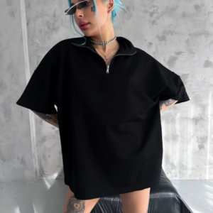 Kadın Yarım Fermuarlı Tişört Kısa kol T-Shirt - Siyah