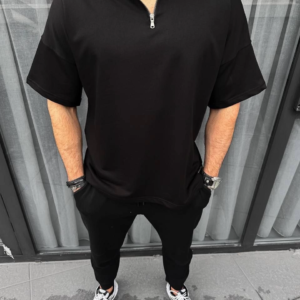 Erkek Yarım Fermuarlı Kısa kol T-Shirt - Siyah