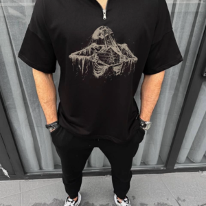 Erkek Yarım Fermuarlı Baskılı Oversize T-Shirt - Siyah