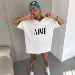 Kadın Yarım Fermuarlı Tişört Kısa kol Baskılı T-Shirt - Beyaz