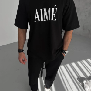 ERKEK Tişört Yakalı Yarım Fermuarlı  Kısa Kol Baskılı T-Shirt - Siyah