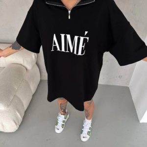 Kadın Yarım Fermuarlı Tişört Baskılı T-Shirt - Siyah