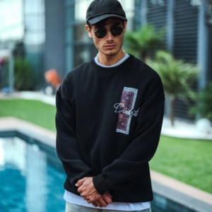 Erkek 3 iplik pamuklu Bisiklet Yaka Ön ve Arka Baskılı SweatShirt - Siyah