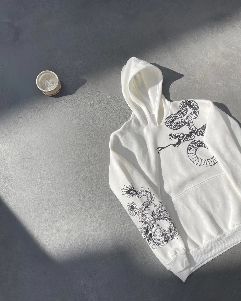 uzun-kol-kapsonlu-baskili-sweatshirt-beyaz-19008595-sw971sh1214 Erkek 3 İplik Pamuklu Kapüşonlu Baskılı Cepli Oversize Sweatshirt Hoodie - Beyaz - Görsel 2