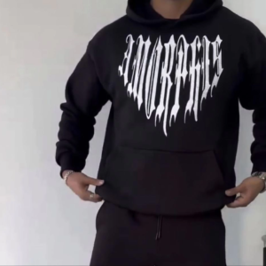 Erkek Kapüşonlu Kanguru Cepli Sweatshirt 3 İplik Pamuklu Baskılı Hoodie - Siyah