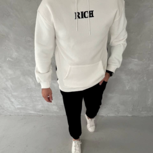 Erkek Kapüşonlu Kanguru Cepli Sweatshirt 3 İplik Pamuklu Baskılı Hoodie - Beyaz