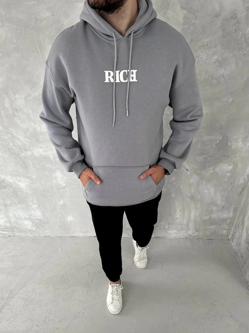 uzun-kol-kapsonlu-gogus-baskili-sweatshirt-fume-89296727-sw959sh1280 Erkek 3 İplik Pamuklu Kapüşonlu Kanguru Cepli Baskılı Oversize Hoodie Sweatshirt - Gri