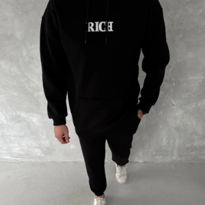 Erkek Kapüşonlu Kanguru Cepli Sweatshirt 3 İplik Pamuklu Baskılı Hoodie - Siyah