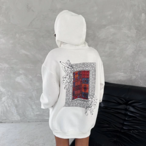 Kadın Kapüşonlu Kanguru Cepli Sweatshirt 3 İplik Pamuklu Baskılı Hoodie - Beyaz