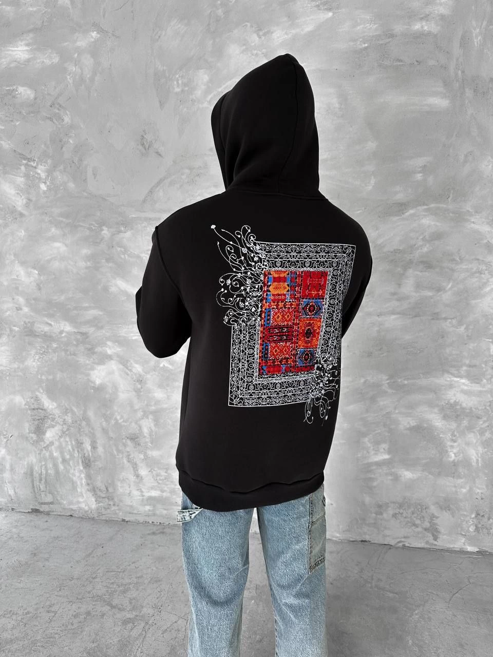 uzun-kol-kapsonlu-on-ve-arka-baskili-sweatshirt-siyah-60599937-sw960sh1280 Erkek Kapüşonlu Kanguru Cepli Sweatshirt 3 İplik Pamuklu Baskılı Hoodie - Siyah - Görsel 2