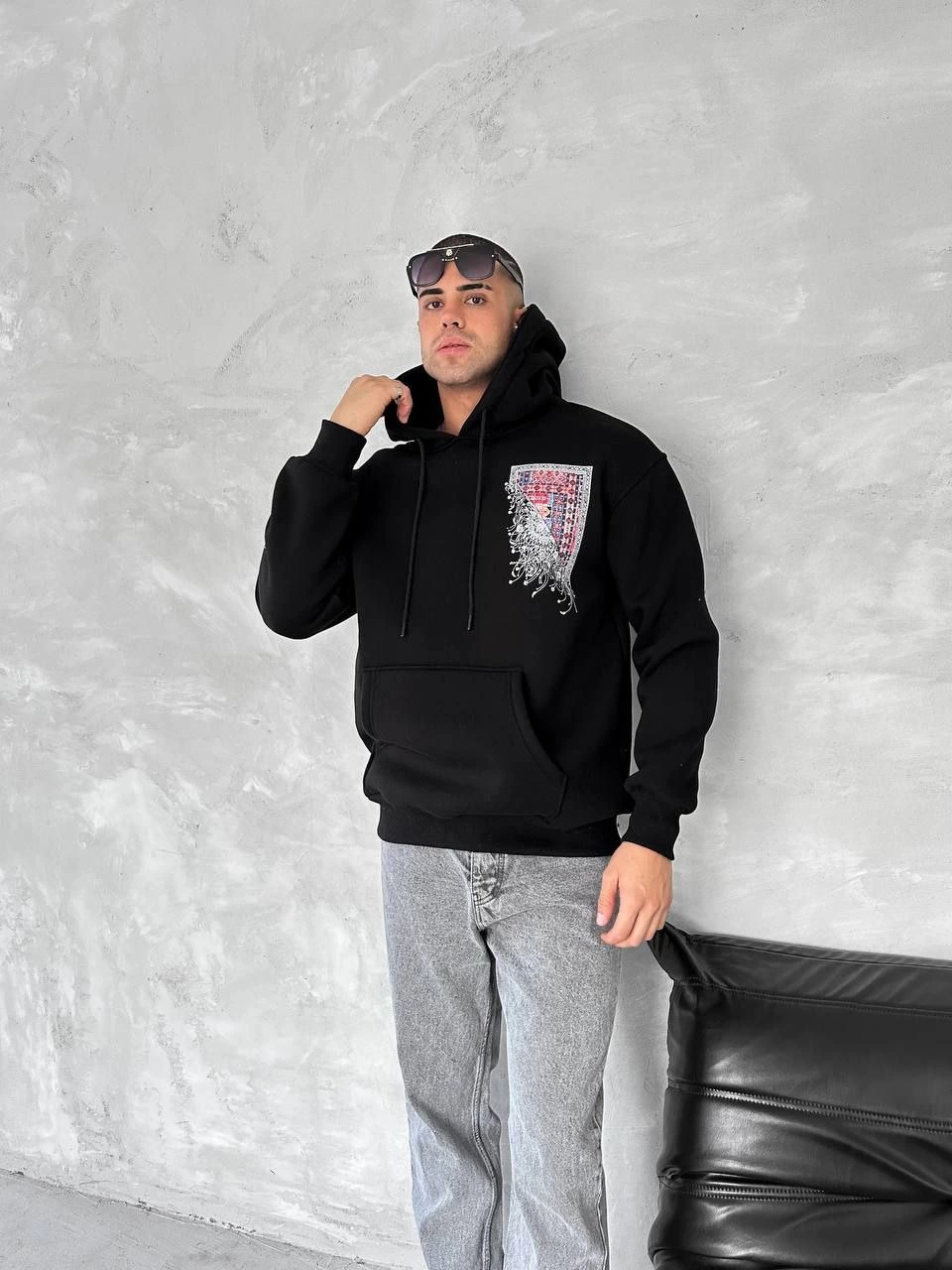 uzun-kol-kapsonlu-on-ve-arka-baskili-sweatshirt-siyah-69571091-sw960sh1280 Erkek Kapüşonlu Kanguru Cepli Sweatshirt 3 İplik Pamuklu Baskılı Hoodie - Siyah