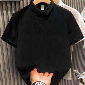 Erkek Polo Yaka Pike Kumaş Yazlık Tişört Düğmeli Düz kısa kol T-Shirt - Siyah