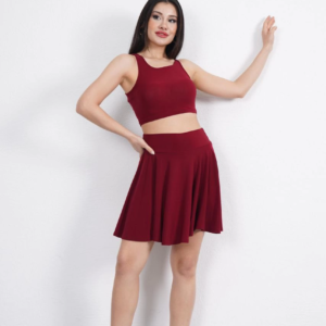 Sendy Kumaş Bisiklet Yaka Crop Şortlu Etek ikili Takım - Bordo