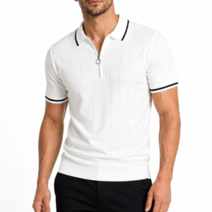 Erkek Fitilli Triko T-shirt Polo Yaka Yarım Fermuarlı Kısa Kollu Tişört - Beyaz
