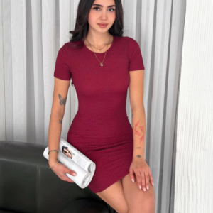 Kadın Bisiklet Yaka Kısa Kol Likralı Elbise - Bordo