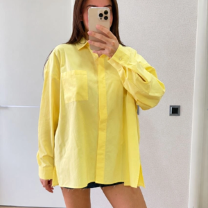 Kadın Oversize Pens Detaylı Cepli Yırtmaçlı Rahat Kalıp Poplin Gömlek - Sarı