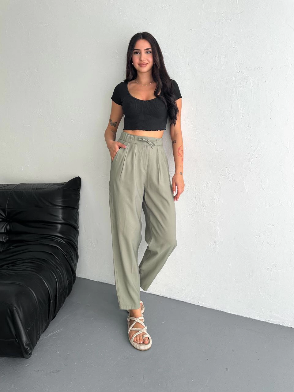 kadin-yuksel-bel-rahat-paca-pantalon-su-yesili-75160956-sw960sh1280 Kadın Yüksel Bel Beli Bağcıklı Cepli Rahat Paça Pantolon - Su Yeşili - Image 2